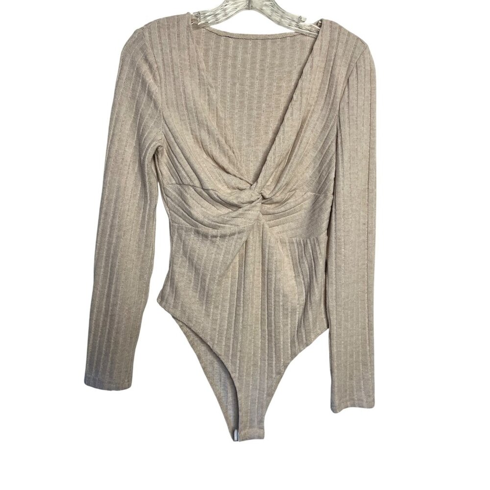 Shein Size M Chic Ribbed Beige Long-Sleeve Twist Front Bodysuit Soft Comfortable